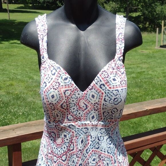 American Rag Cie Red White and Blue Mosaic Smocked Dress Size Medium - Picture 2 of 11